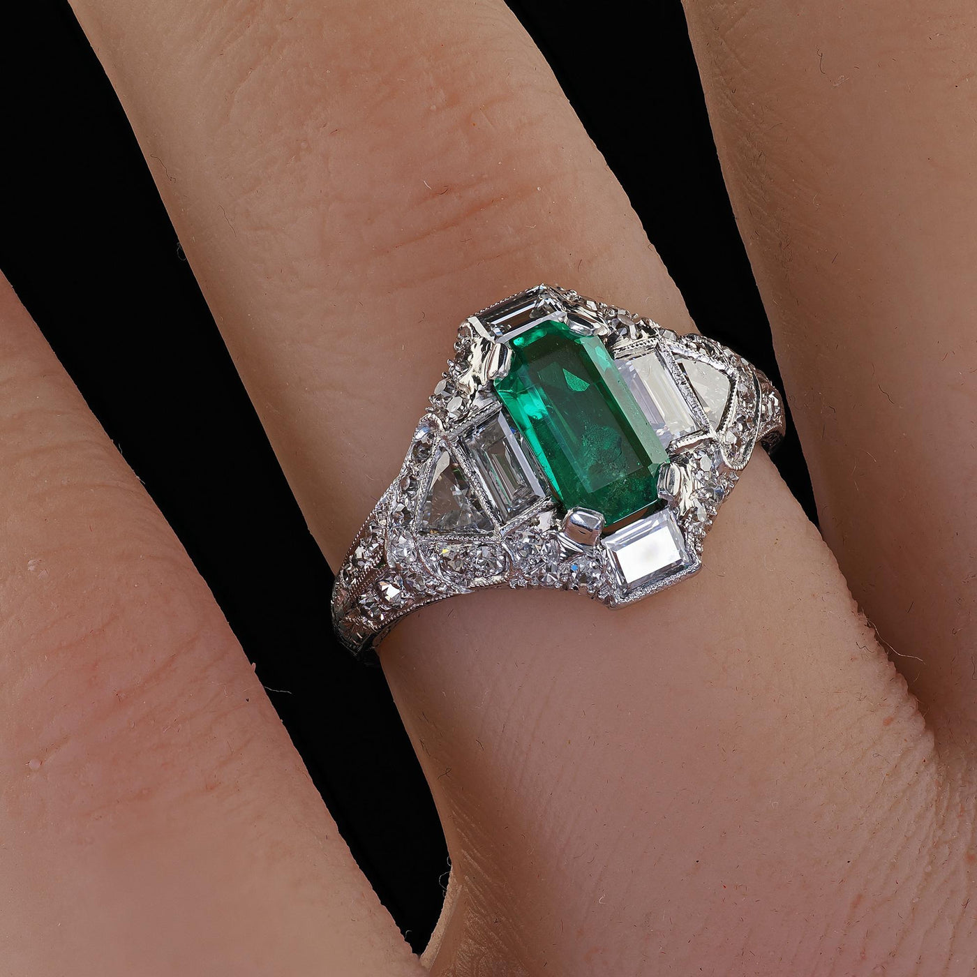 Antique Art Deco Marcus Co Platinum Diamond No Oil Emerald Engagement Ring - GIA