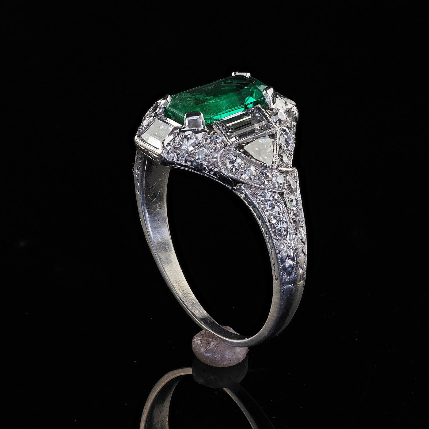 Antique Art Deco Marcus Co Platinum Diamond No Oil Emerald Engagement Ring - GIA