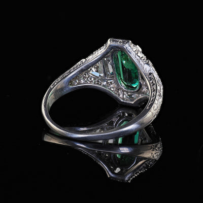 Antique Art Deco Marcus Co Platinum Diamond No Oil Emerald Engagement Ring - GIA