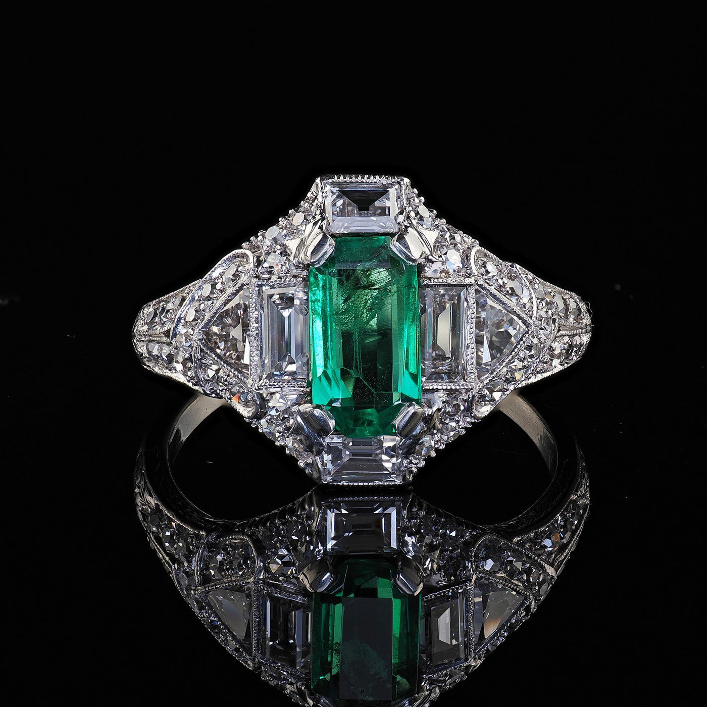 Antique Art Deco Marcus Co Platinum Diamond No Oil Emerald Engagement Ring - GIA