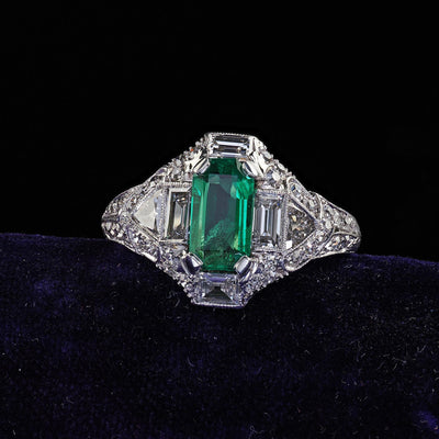 Antique Art Deco Marcus Co Platinum Diamond No Oil Emerald Engagement Ring - GIA