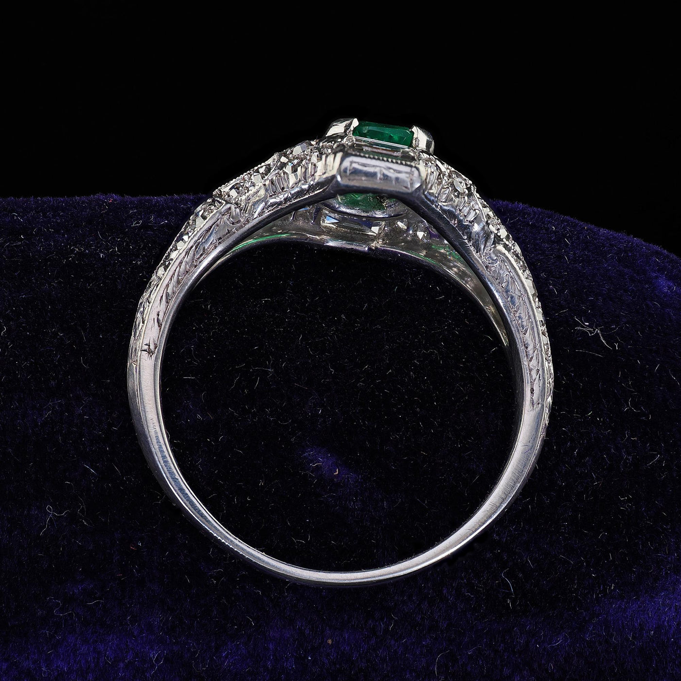 Antique Art Deco Marcus Co Platinum Diamond No Oil Emerald Engagement Ring - GIA