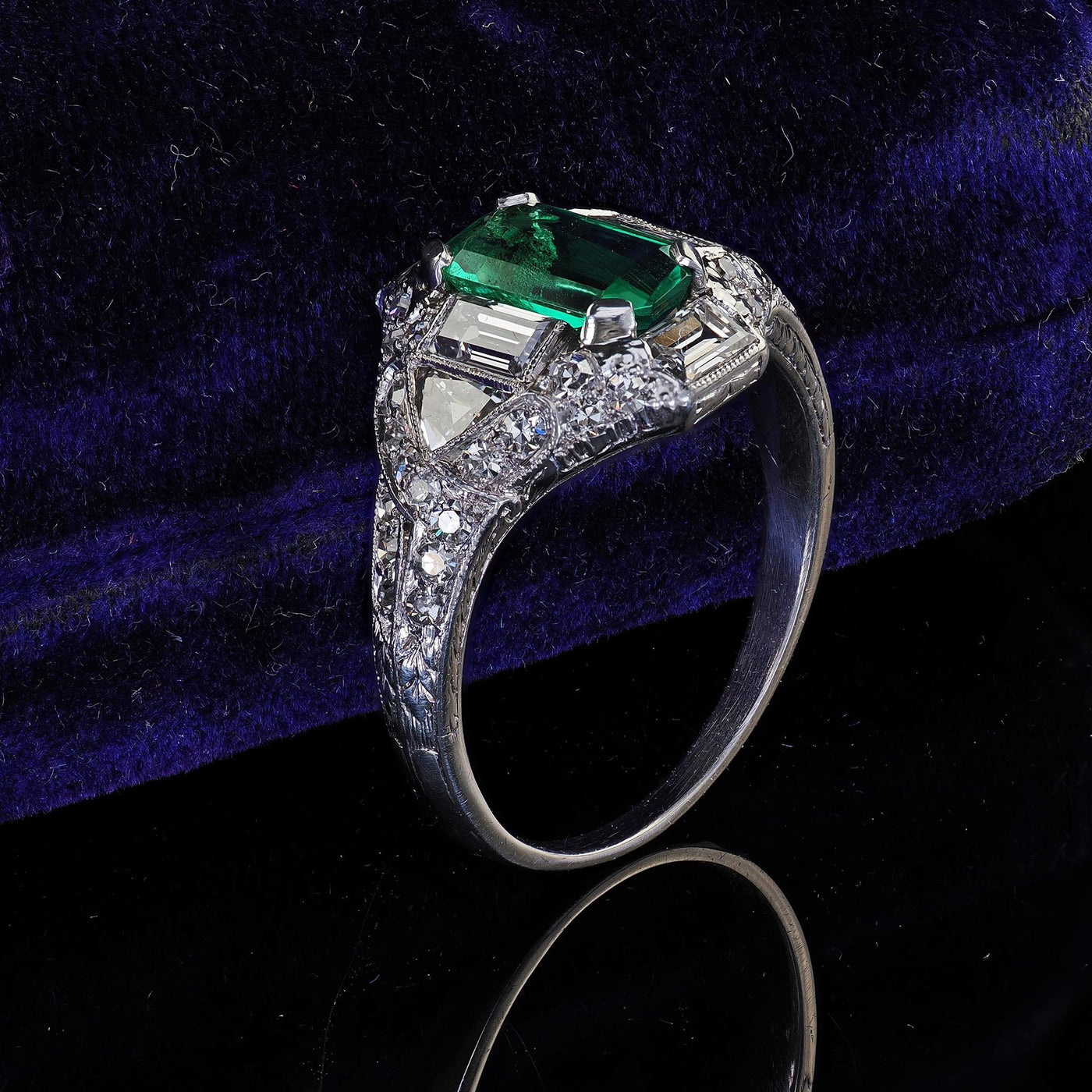 Antique Art Deco Marcus Co Platinum Diamond No Oil Emerald Engagement Ring - GIA