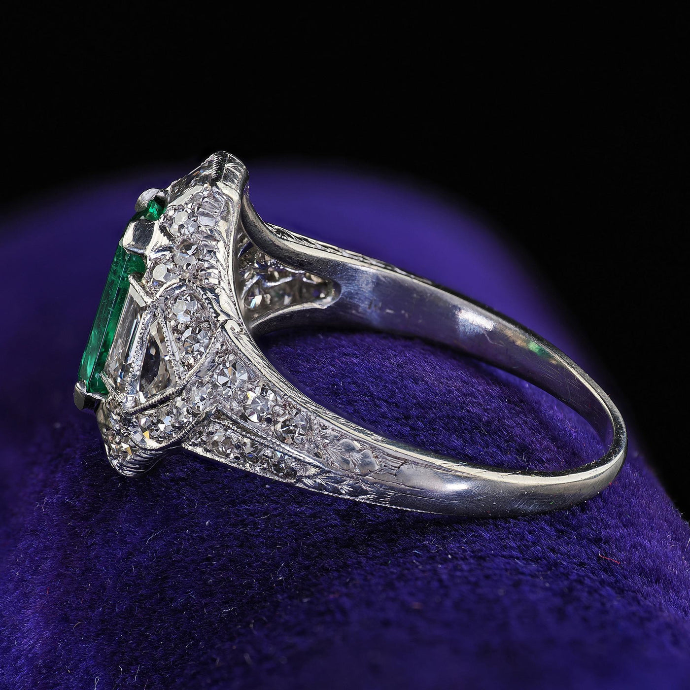 Antique Art Deco Marcus Co Platinum Diamond No Oil Emerald Engagement Ring - GIA