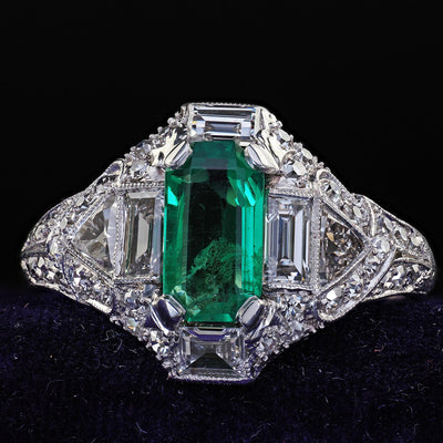 Antique Art Deco Marcus Co Platinum Diamond No Oil Emerald Engagement Ring - GIA