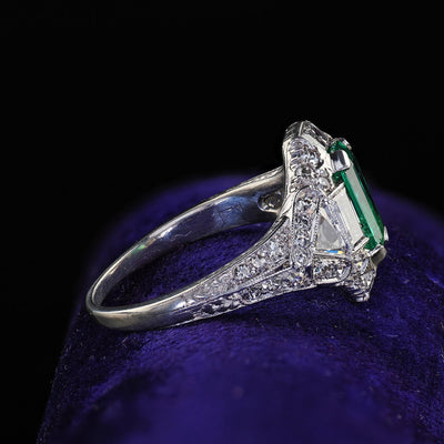 Antique Art Deco Marcus Co Platinum Diamond No Oil Emerald Engagement Ring - GIA