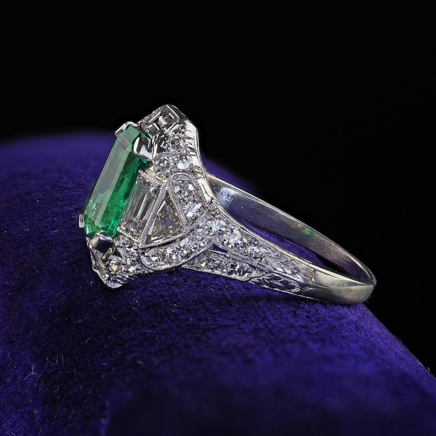 Antique Art Deco Marcus Co Platinum Diamond No Oil Emerald Engagement Ring - GIA