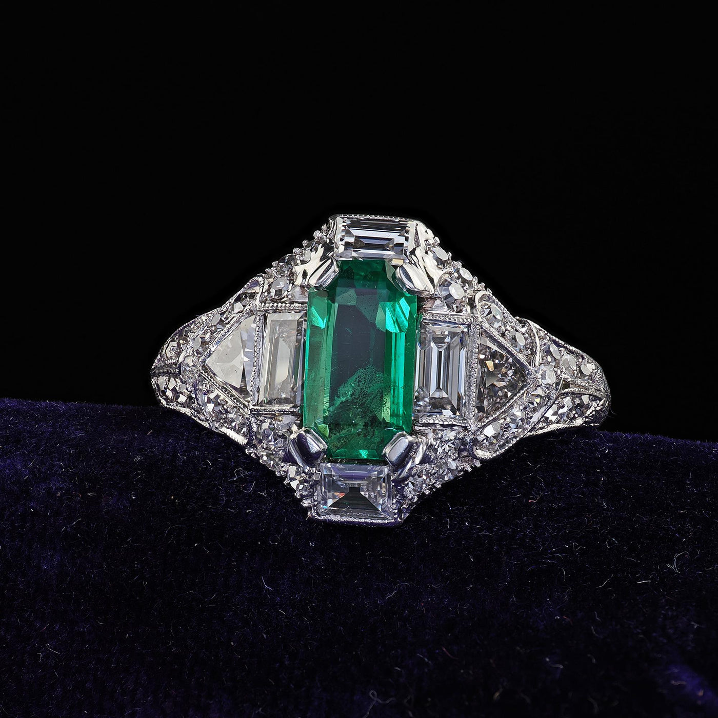 Antique Art Deco Marcus Co Platinum Diamond No Oil Emerald Engagement Ring - GIA