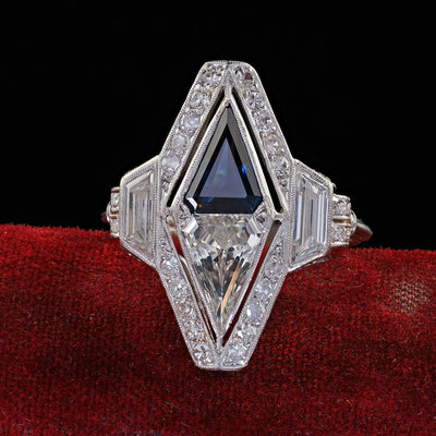 Antique Art Deco Platinum Shield Cut Diamond Sapphire Filigree Cocktail Ring