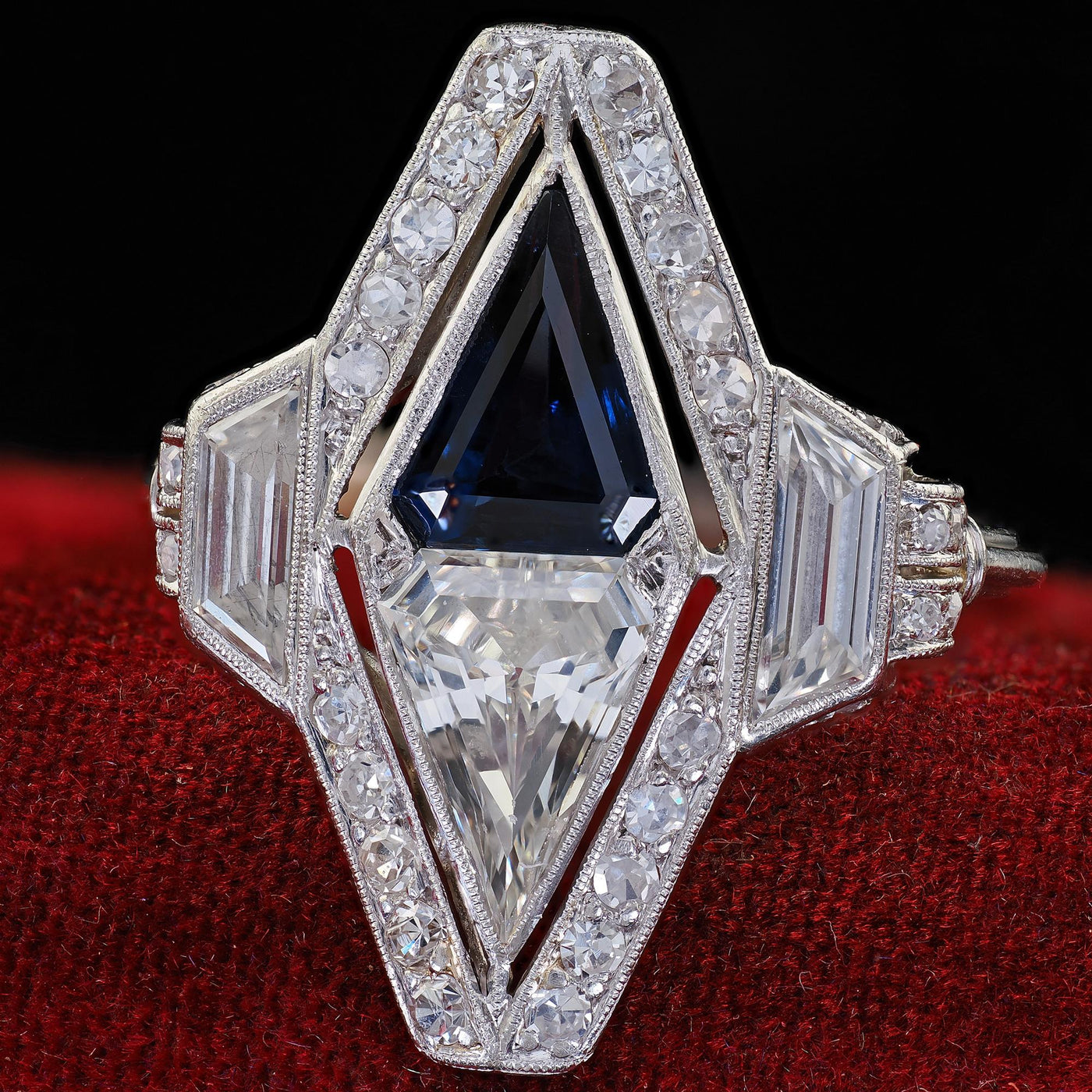 Antique Art Deco Platinum Shield Cut Diamond Sapphire Filigree Cocktail Ring