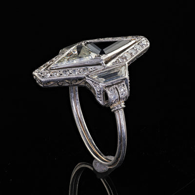 Antique Art Deco Platinum Shield Cut Diamond Sapphire Filigree Cocktail Ring