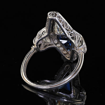 Antique Art Deco Platinum Shield Cut Diamond Sapphire Filigree Cocktail Ring