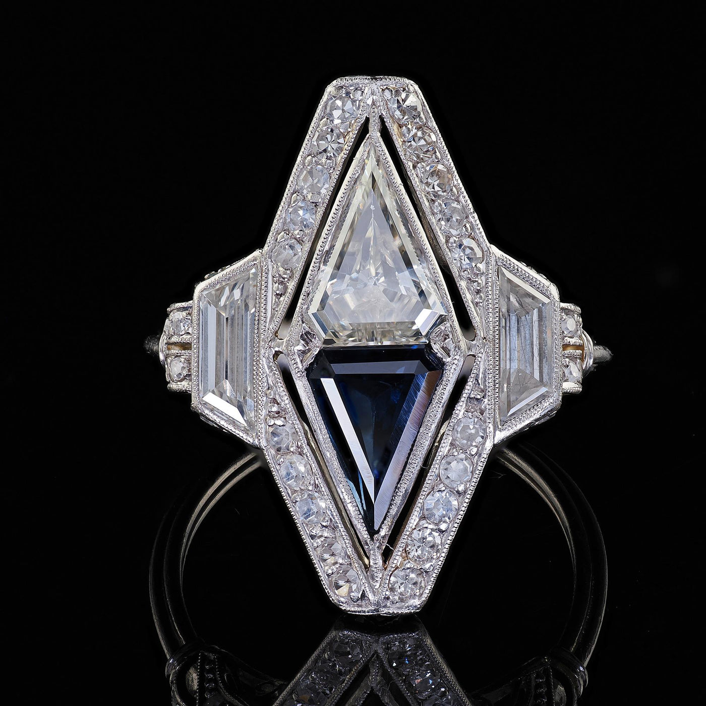 Antique Art Deco Platinum Shield Cut Diamond Sapphire Filigree Cocktail Ring