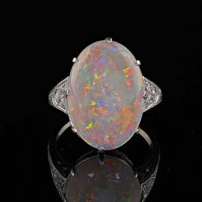 Antique Art Deco Platinum Natural Opal and Diamond Engraved Cocktail Ring