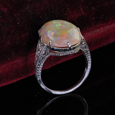 Antique Art Deco Platinum Natural Opal and Diamond Engraved Cocktail Ring