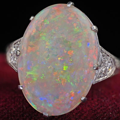 Antique Art Deco Platinum Natural Opal and Diamond Engraved Cocktail Ring