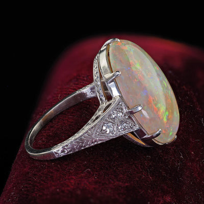 Antique Art Deco Platinum Natural Opal and Diamond Engraved Cocktail Ring