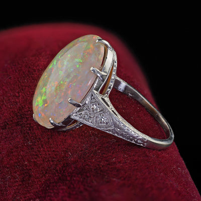 Antique Art Deco Platinum Natural Opal and Diamond Engraved Cocktail Ring