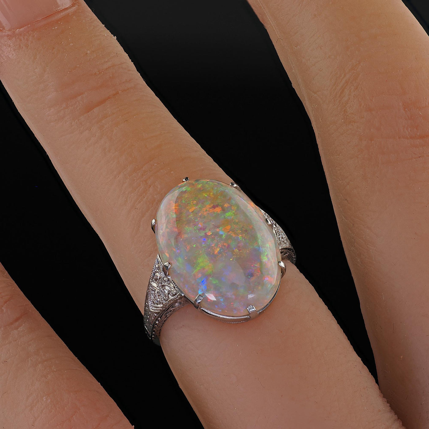 Antique Art Deco Platinum Natural Opal and Diamond Engraved Cocktail Ring