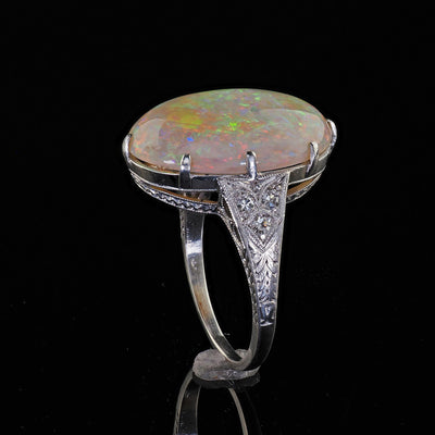 Antique Art Deco Platinum Natural Opal and Diamond Engraved Cocktail Ring