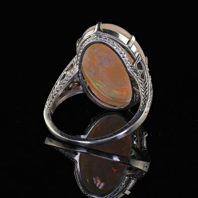 Antique Art Deco Platinum Natural Opal and Diamond Engraved Cocktail Ring