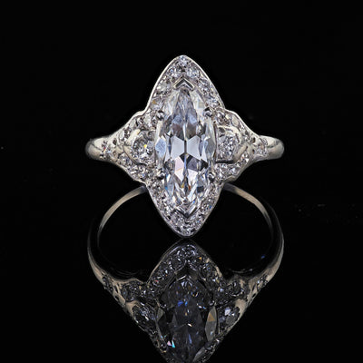 Antique Art Deco Platinum Old Cut Marquise Diamond Halo Engagement Ring - GIA