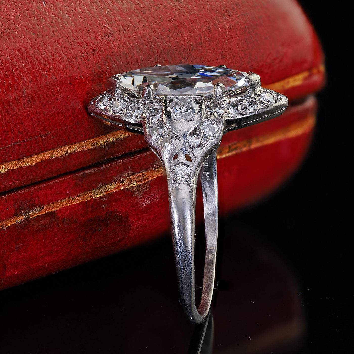 Antique Art Deco Platinum Old Cut Marquise Diamond Halo Engagement Ring - GIA