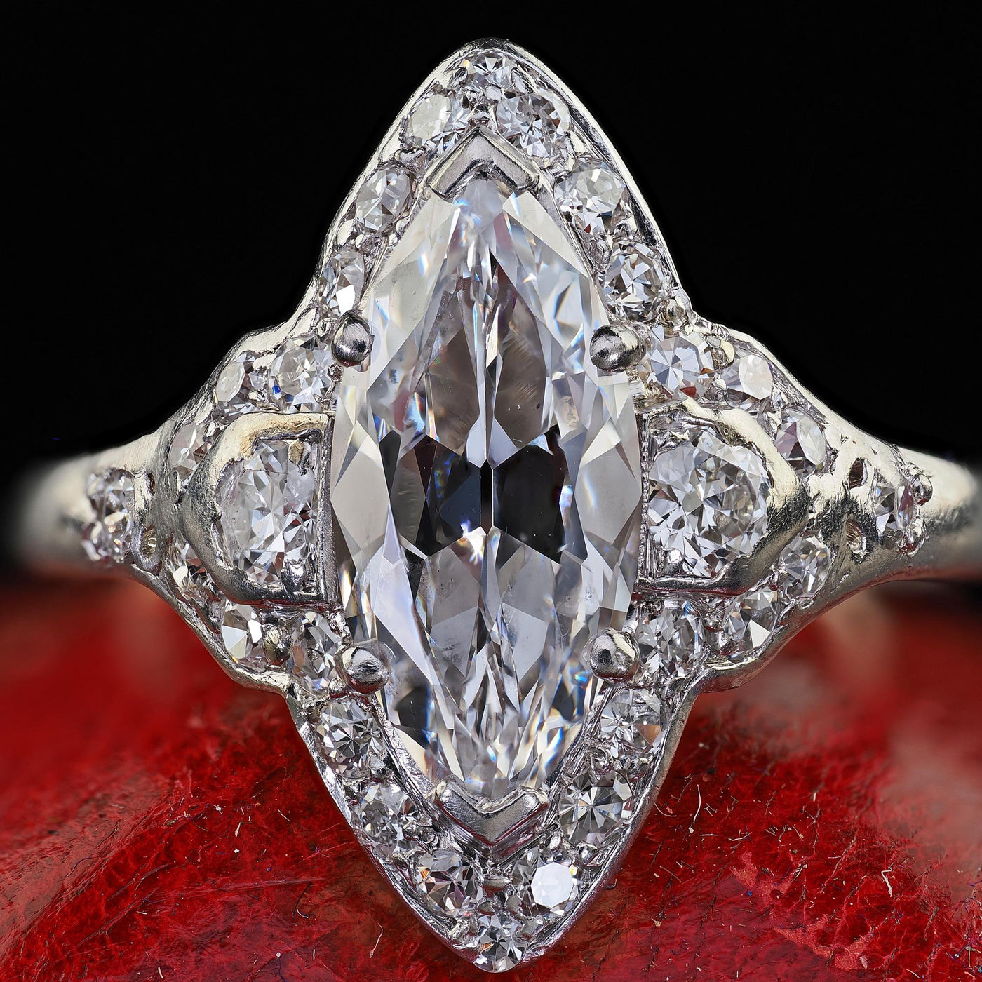 Antique Art Deco Platinum Old Cut Marquise Diamond Halo Engagement Ring - GIA