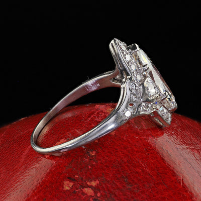 Antique Art Deco Platinum Old Cut Marquise Diamond Halo Engagement Ring - GIA