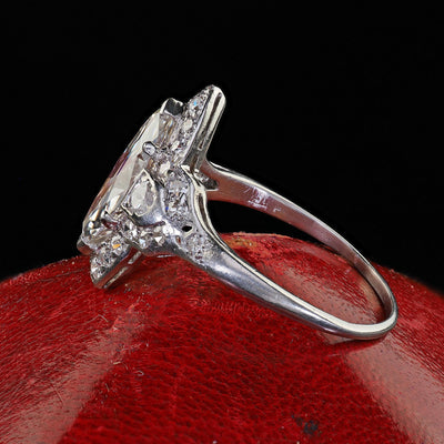 Antique Art Deco Platinum Old Cut Marquise Diamond Halo Engagement Ring - GIA