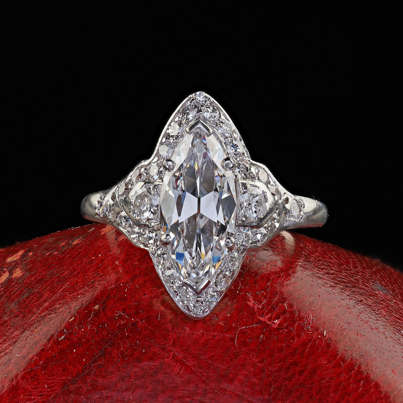 Antique Art Deco Platinum Old Cut Marquise Diamond Halo Engagement Ring - GIA