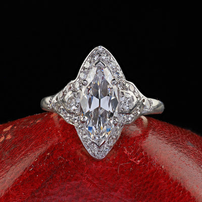 Antique Art Deco Platinum Old Cut Marquise Diamond Halo Engagement Ring - GIA