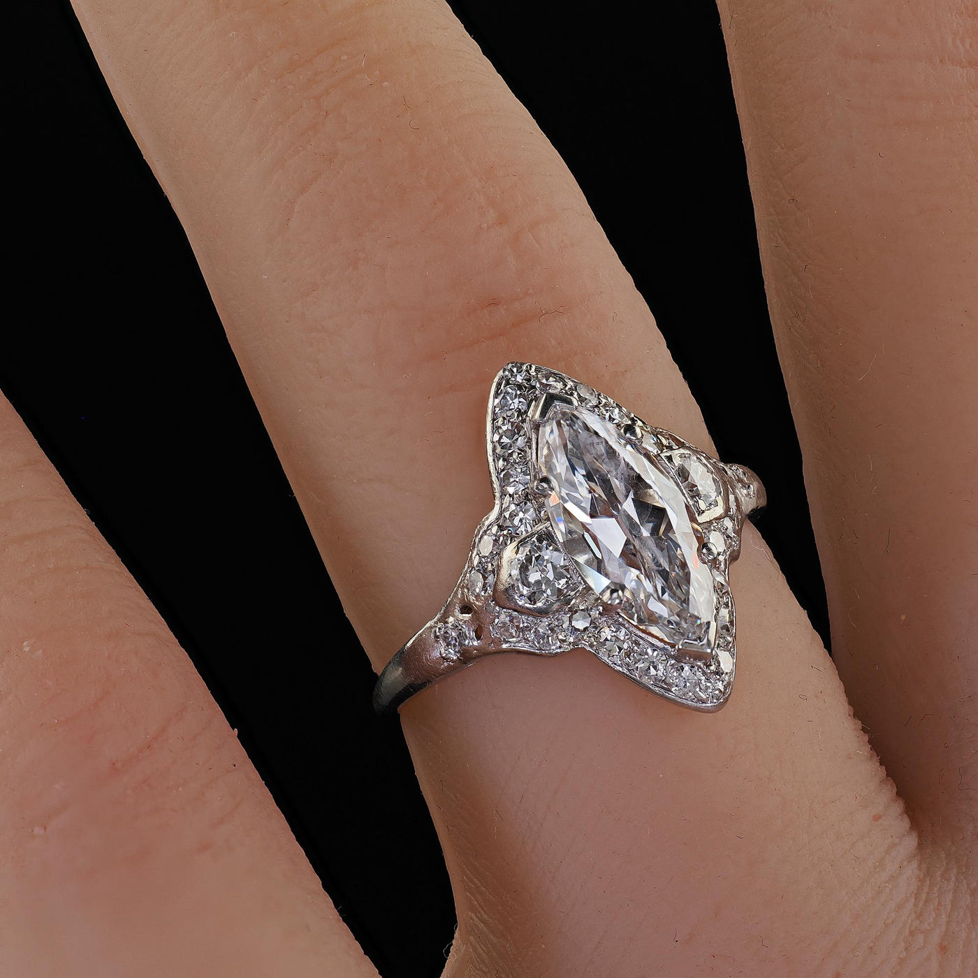 Antique Art Deco Platinum Old Cut Marquise Diamond Halo Engagement Ring - GIA