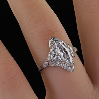 Antique Art Deco Platinum Old Cut Marquise Diamond Halo Engagement Ring - GIA