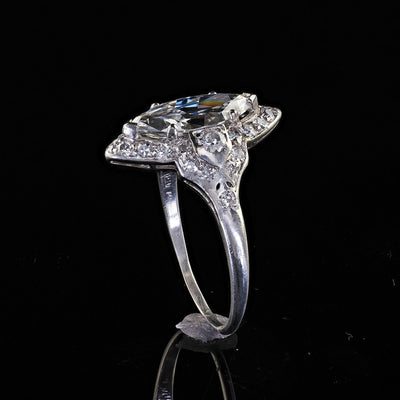 Antique Art Deco Platinum Old Cut Marquise Diamond Halo Engagement Ring - GIA