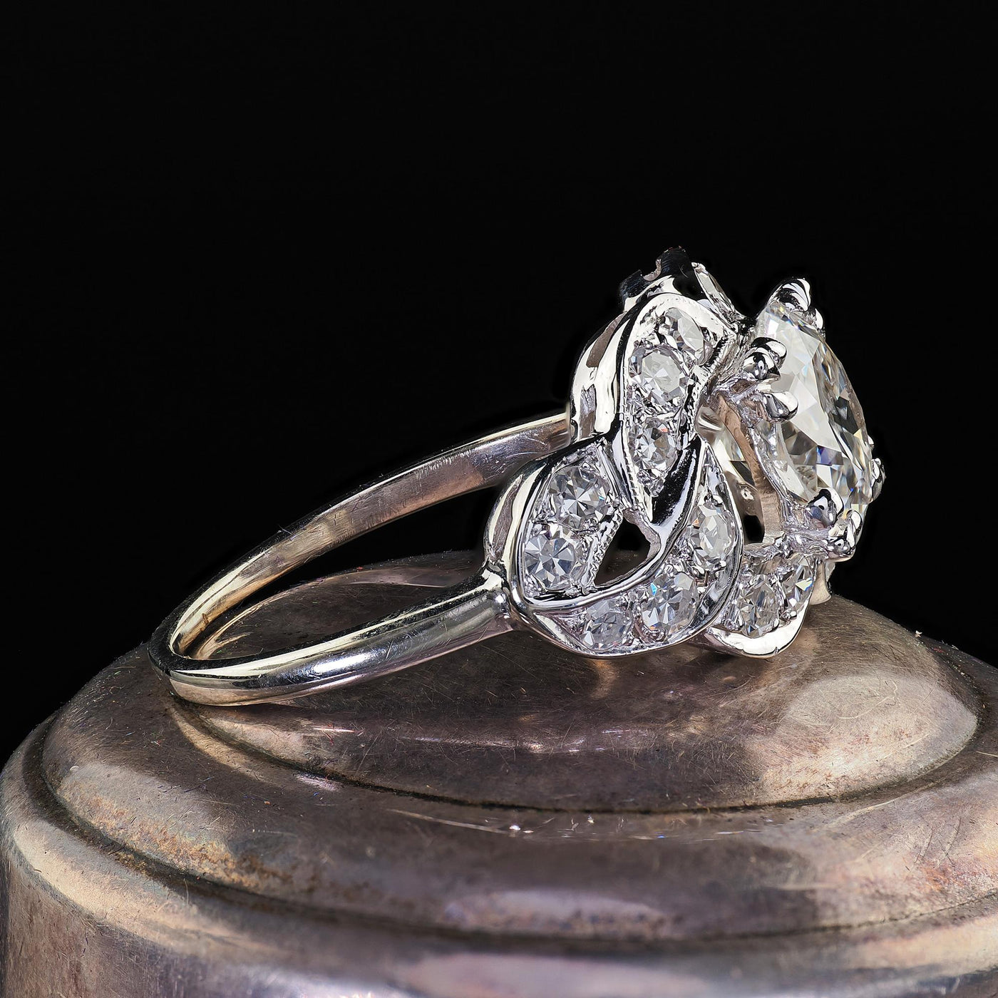 Antique Art Deco 14K White Gold Old Cut Diamond Floral Engagement Ring - GIA