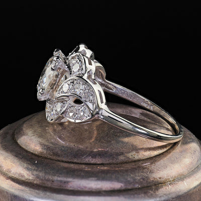 Antique Art Deco 14K White Gold Old Cut Diamond Floral Engagement Ring - GIA