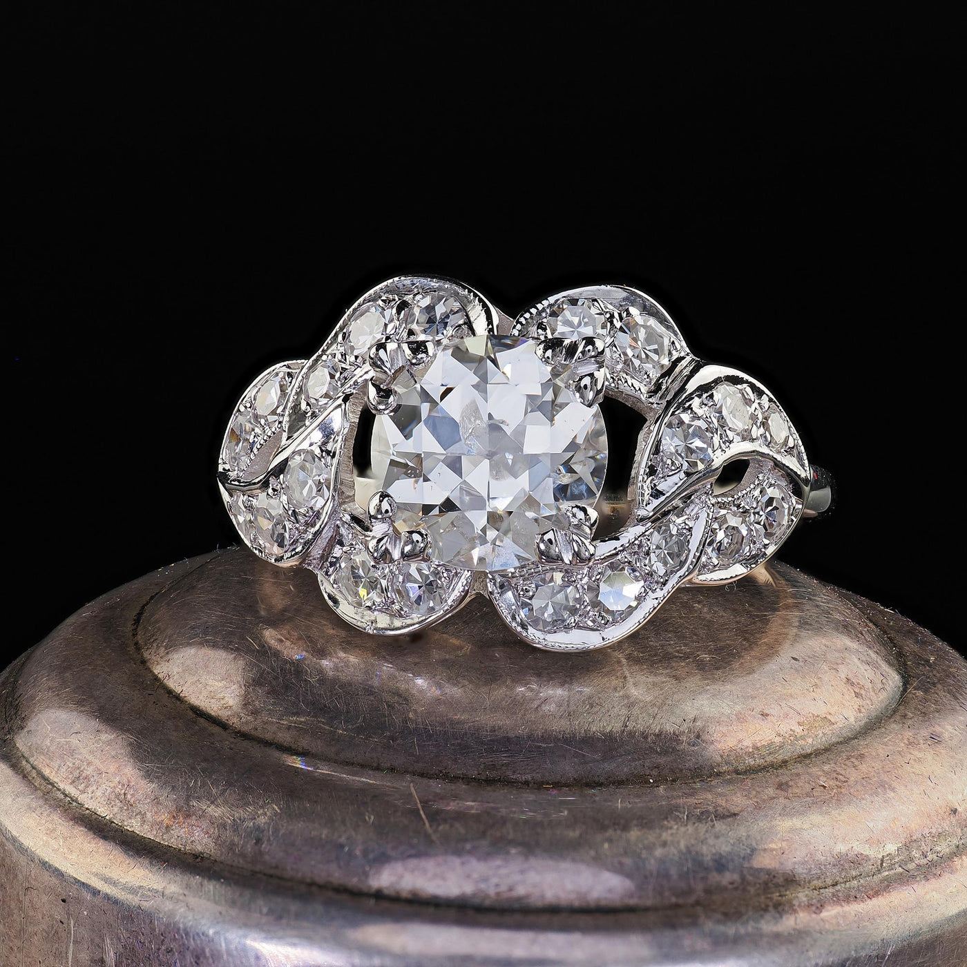 Antique Art Deco 14K White Gold Old Cut Diamond Floral Engagement Ring - GIA