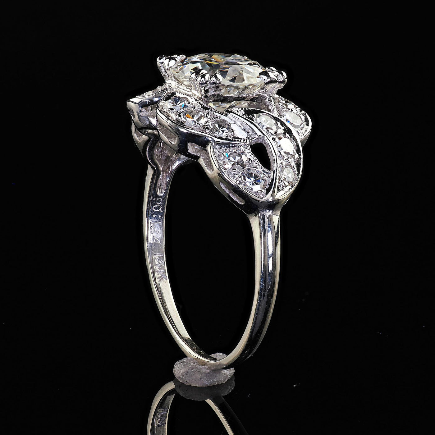 Antique Art Deco 14K White Gold Old Cut Diamond Floral Engagement Ring - GIA