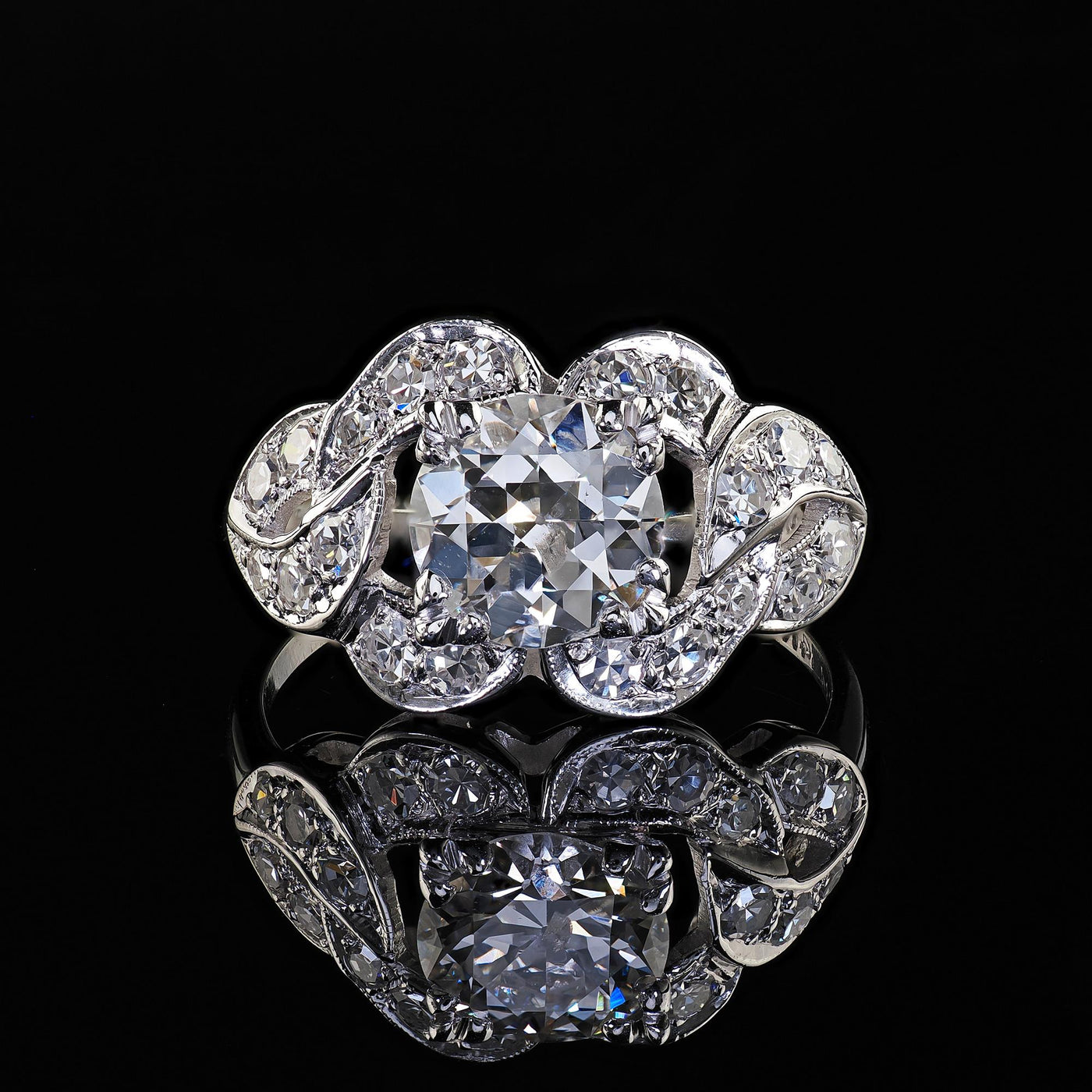 Antique Art Deco 14K White Gold Old Cut Diamond Floral Engagement Ring - GIA