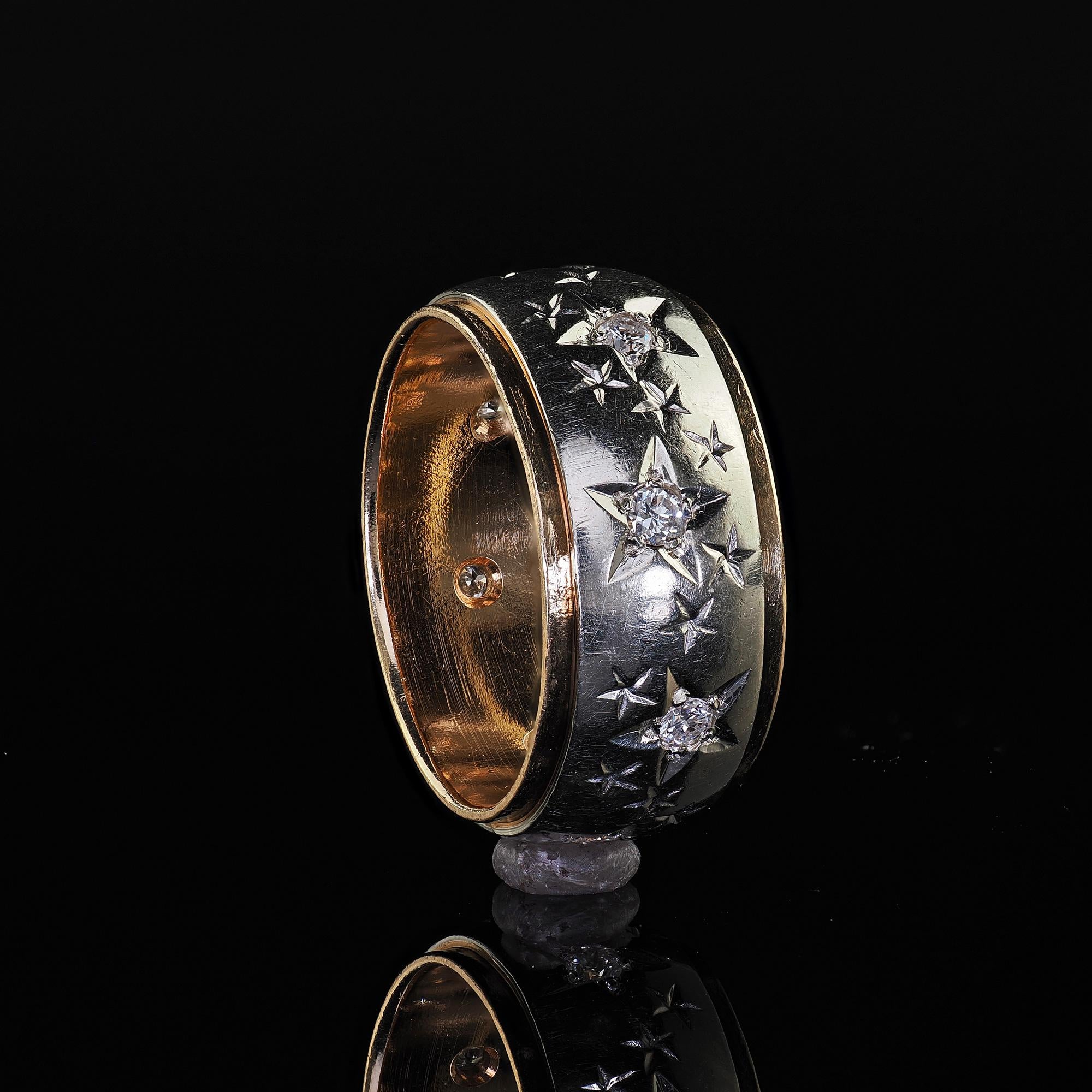 Vintage Retro 14K Two Tone Diamond Star Set Wide Wedding Band