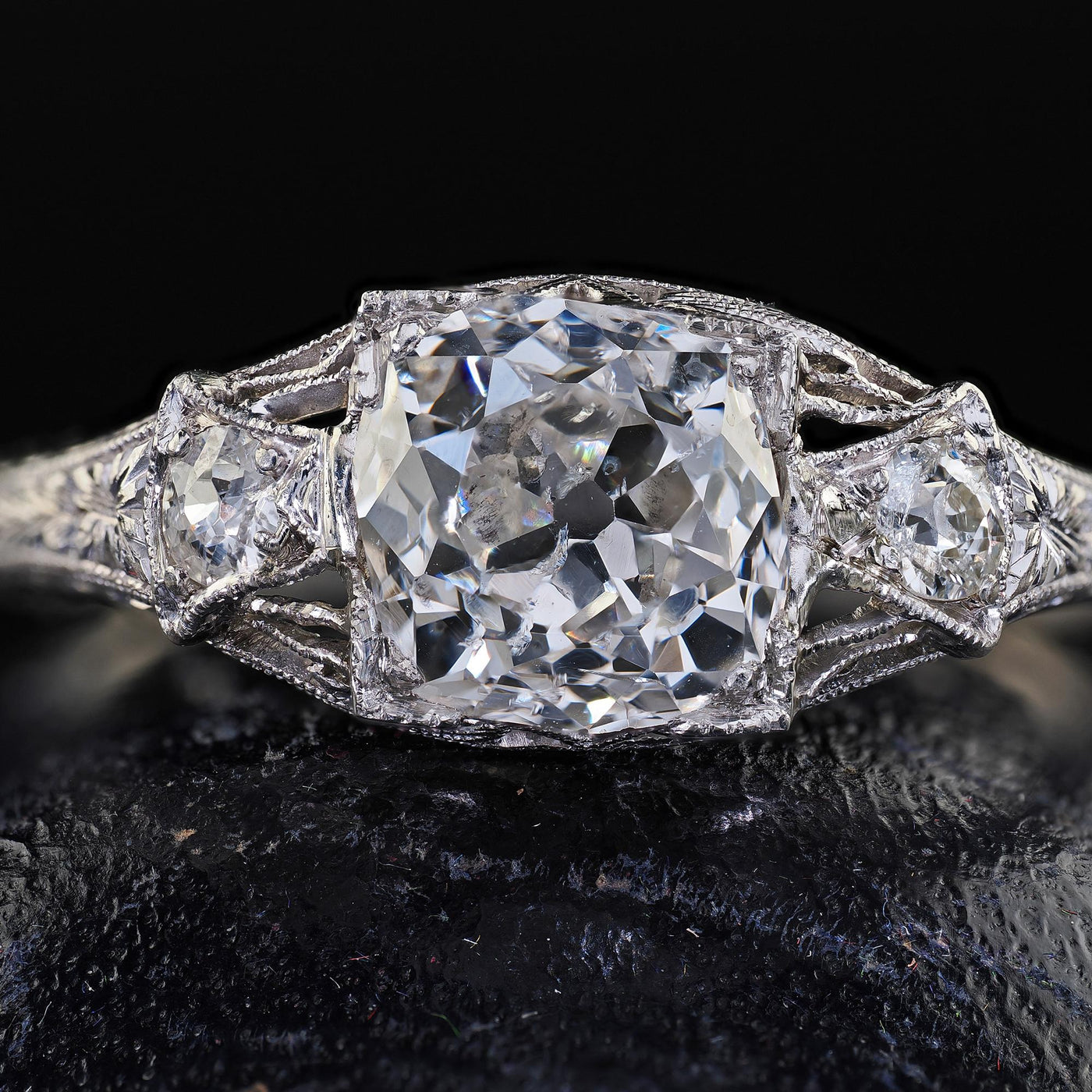 Antique Art Deco Platinum Old Mine Diamond Filigree Engagement Ring