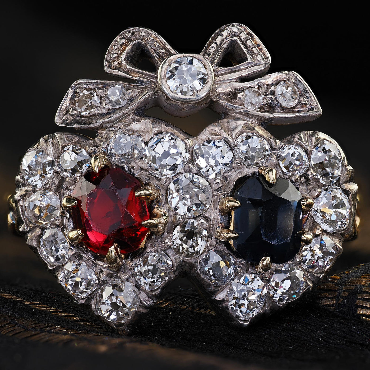 Antique Victorian 18K Gold Old Mine Diamond Ruby Sapphire Double Heart Ring