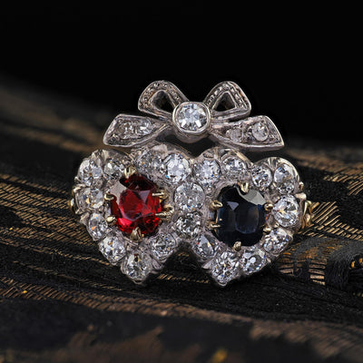 Antique Victorian 18K Gold Old Mine Diamond Ruby Sapphire Double Heart Ring