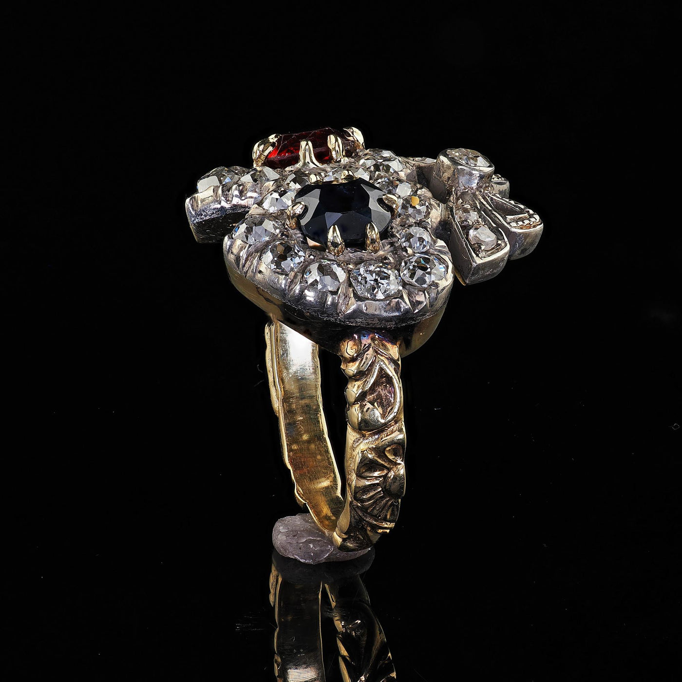 Antique Victorian 18K Gold Old Mine Diamond Ruby Sapphire Double Heart Ring