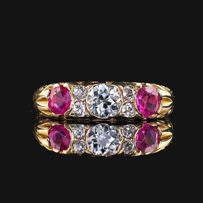 Antique Victorian 18K Yellow Gold Old Cut Diamond and Ruby Three Stone Ring