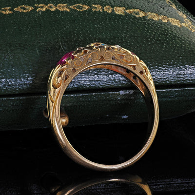 Antique Victorian 18K Yellow Gold Old Cut Diamond and Ruby Three Stone Ring