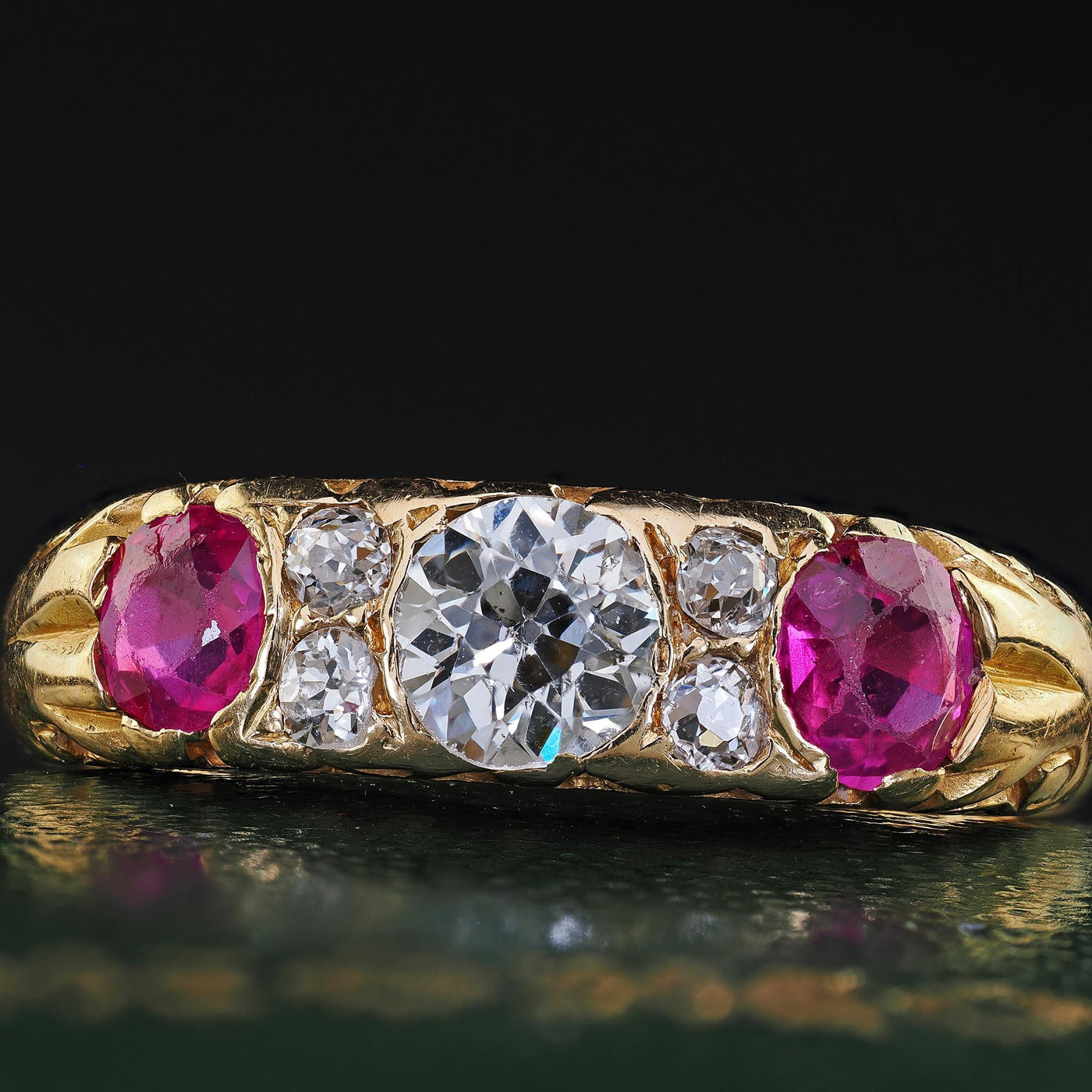 Antique Victorian 18K Yellow Gold Old Cut Diamond and Ruby Three Stone Ring