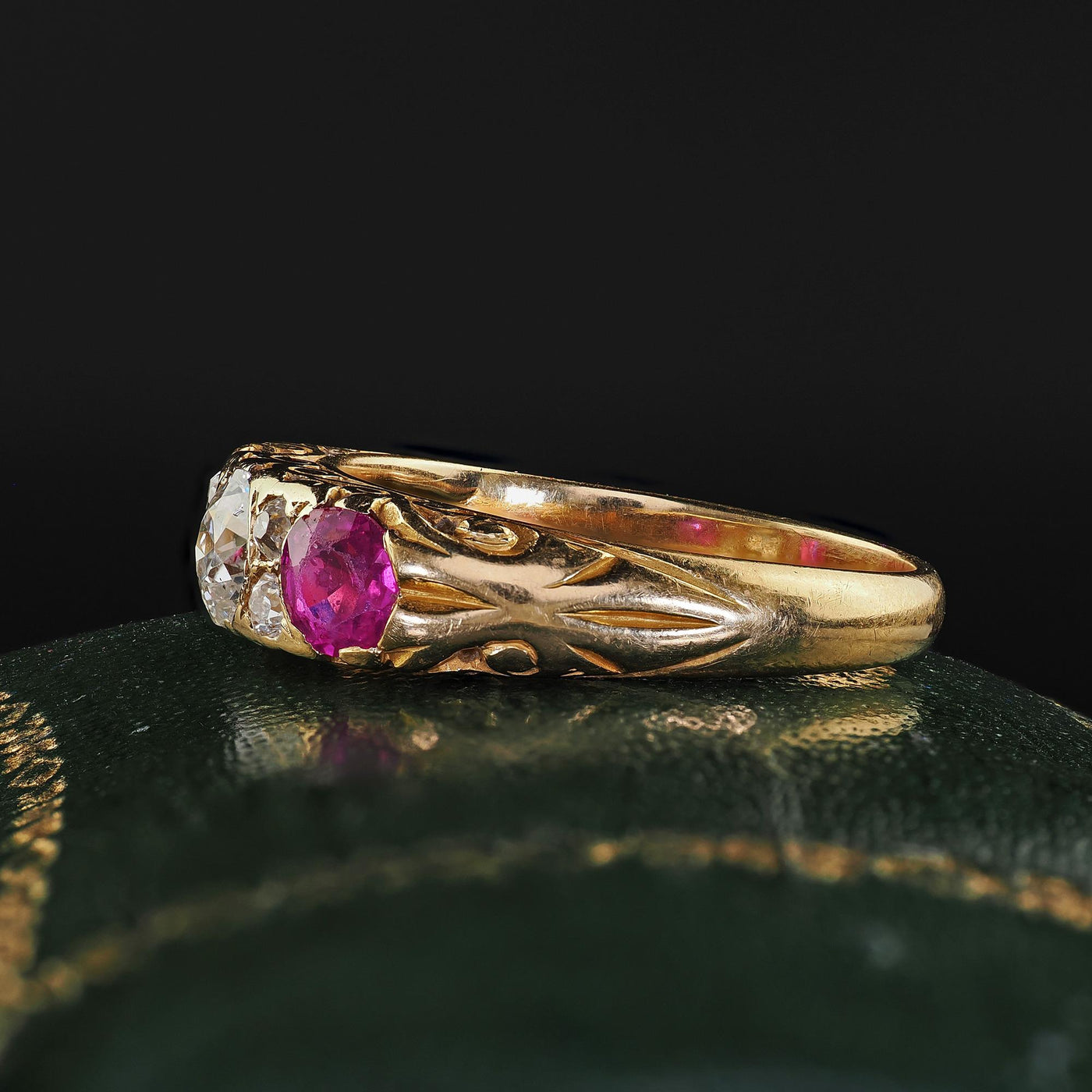 Antique Victorian 18K Yellow Gold Old Cut Diamond and Ruby Three Stone Ring