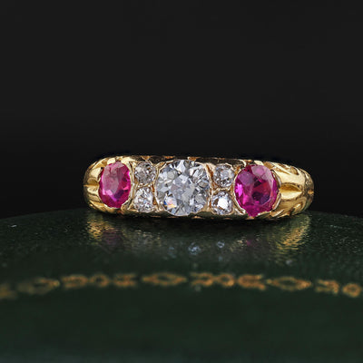 Antique Victorian 18K Yellow Gold Old Cut Diamond and Ruby Three Stone Ring